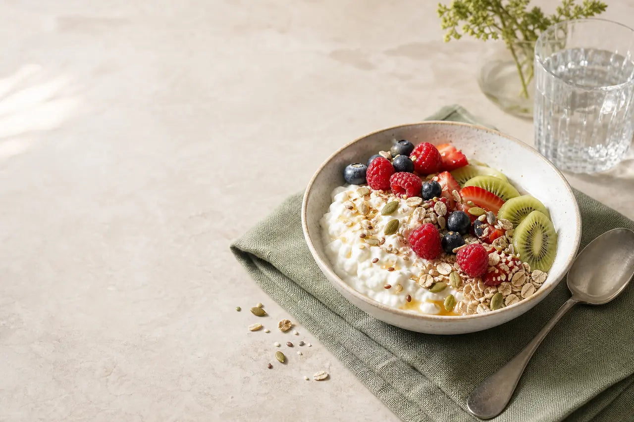 A protein-forward breakfast bowl with berries and seeds
