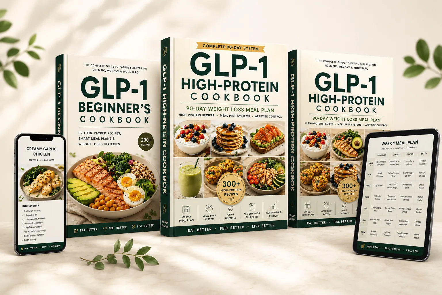 The GLP-1 cookbook bundle: the High-Protein and Beginner's cookbooks shown with phone and tablet meal-plan previews