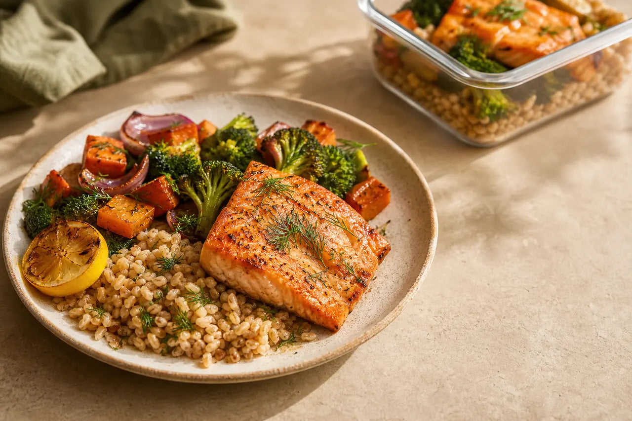 A salmon, grain and vegetable dinner plate
