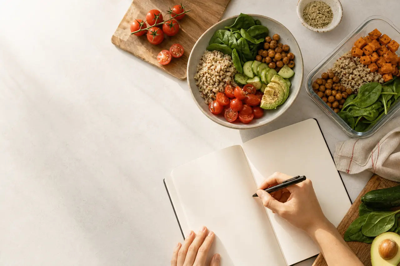 Planning a meal beside a fresh grain bowl, tomatoes and avocado