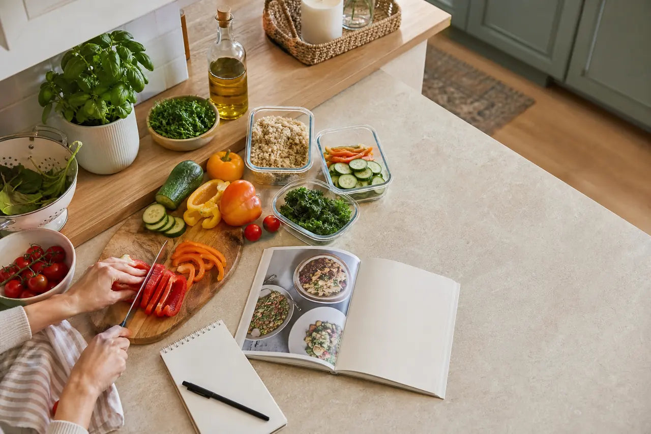 Prepping fresh vegetables and meal components in a home kitchen