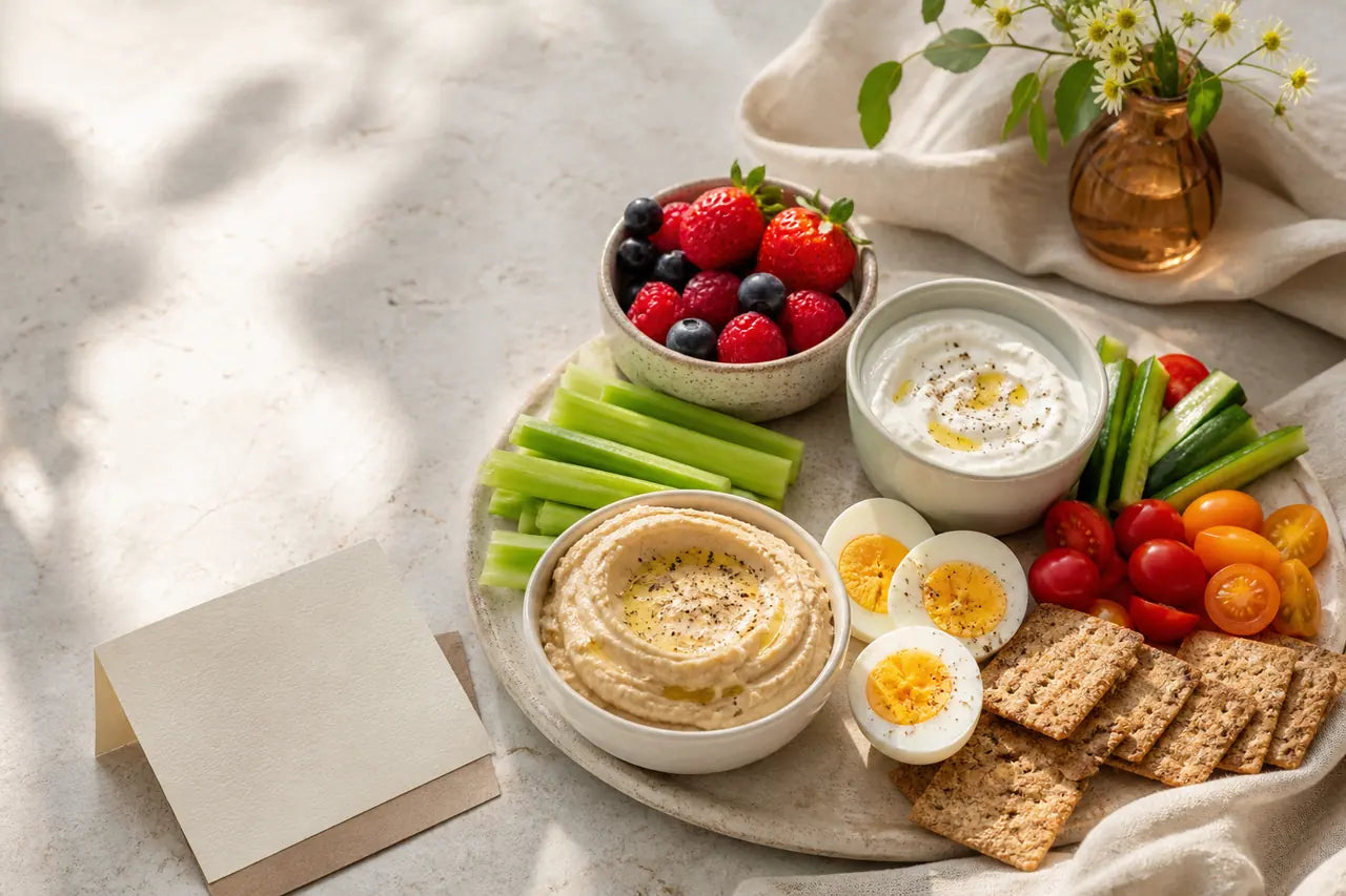 A simple snack board with vegetables, berries, dip and eggs