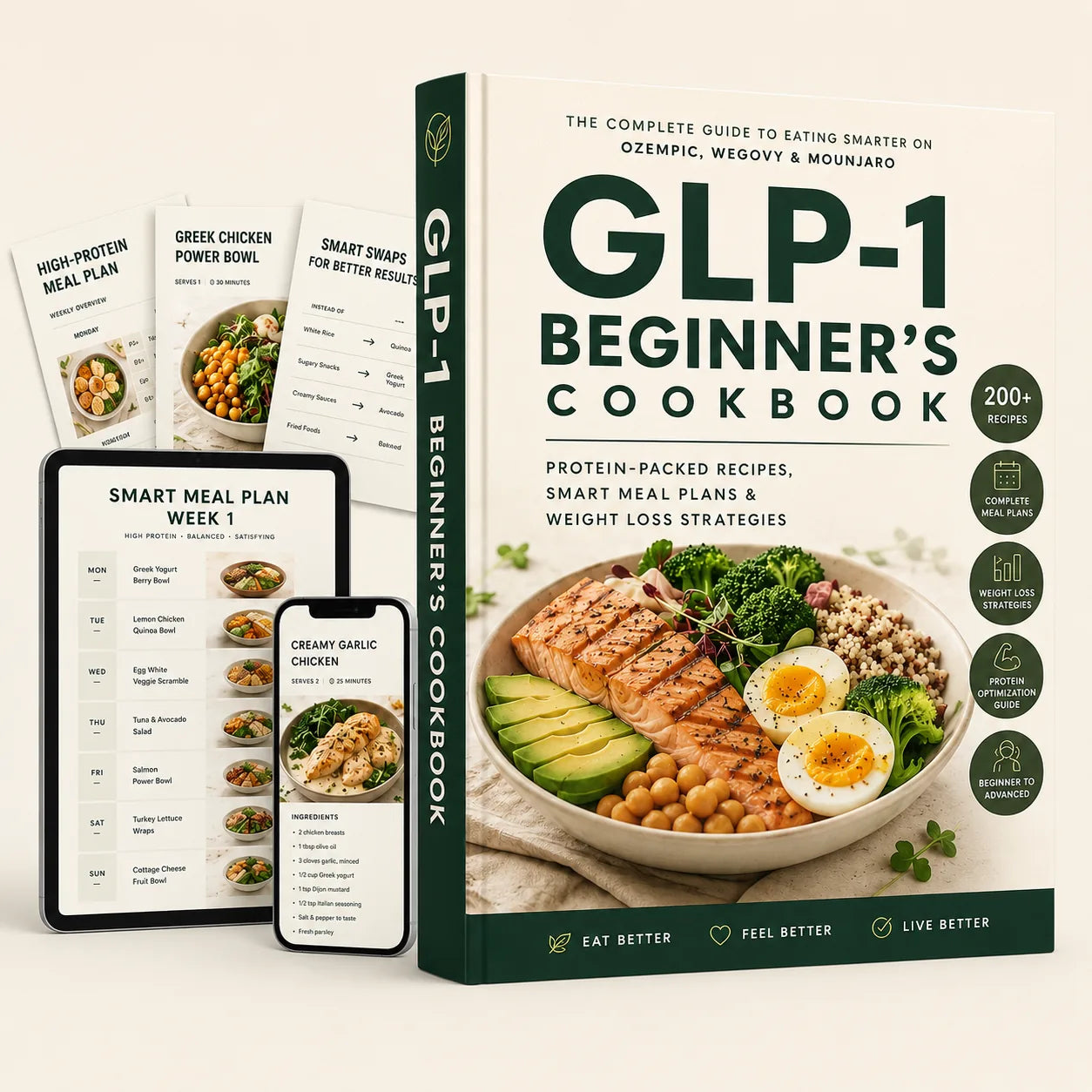 The GLP-1 Beginner's Cookbook shown with phone and tablet meal-plan previews