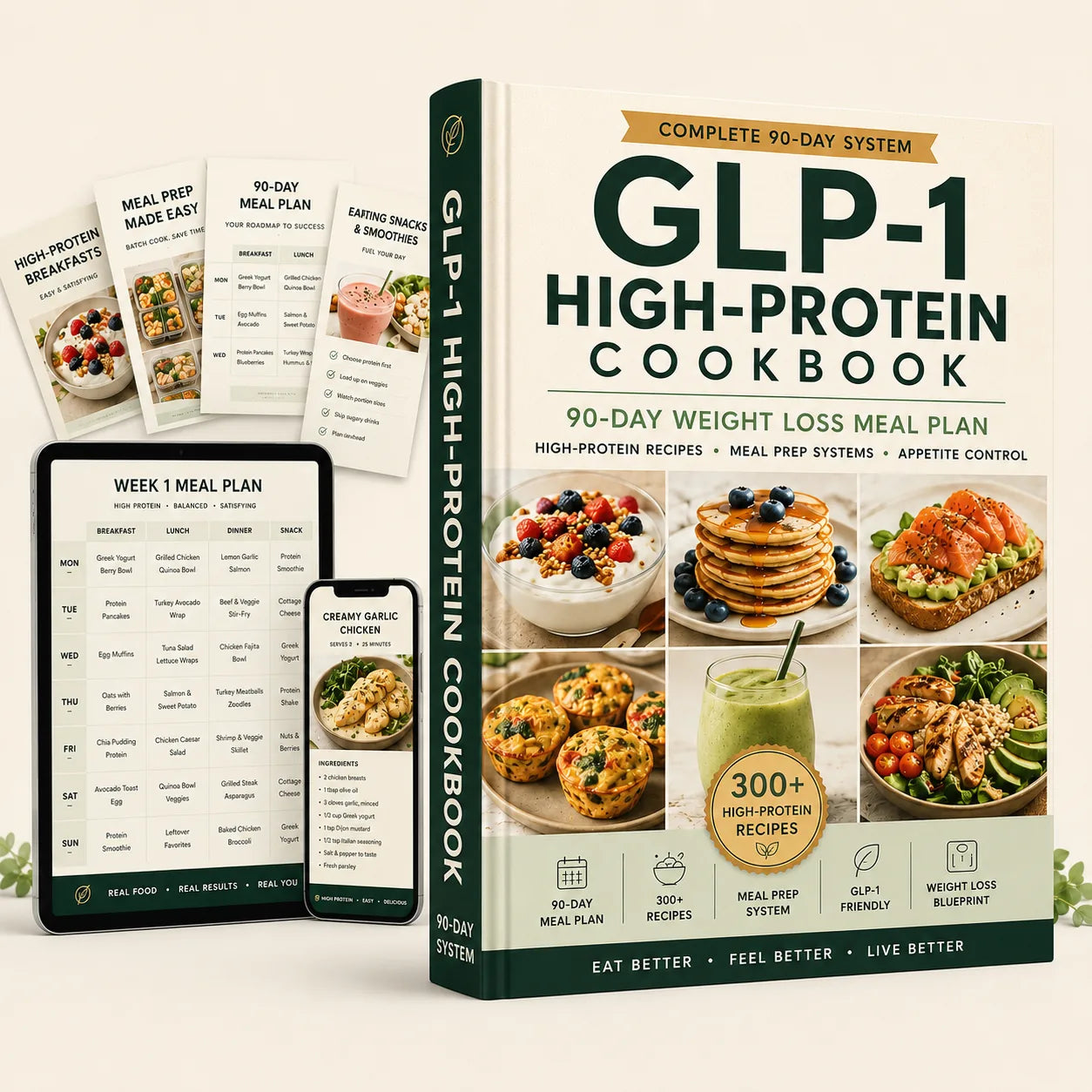 The GLP-1 High-Protein Cookbook shown with phone and tablet meal-plan previews