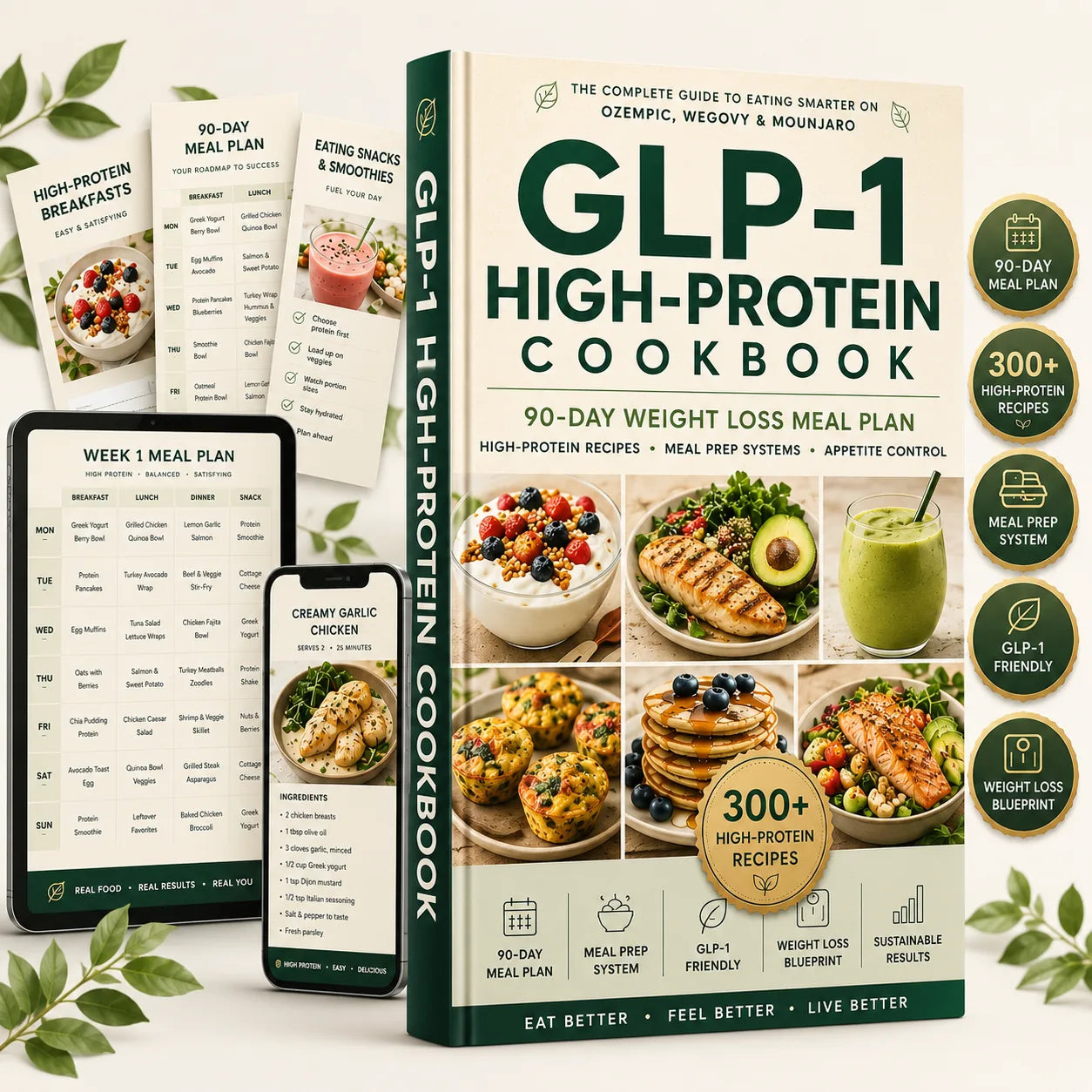 The GLP-1 High-Protein Guide cookbook shown with phone and tablet meal-plan previews